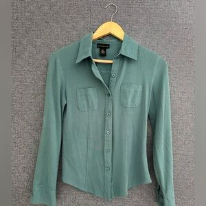 Rafaella Teal Button-Down 100 Percent Cotton Shirt Size Small
